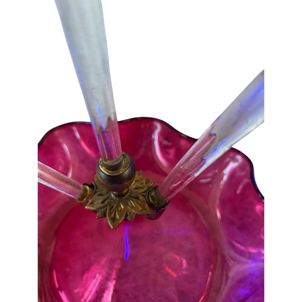 Antique Victorian‎ Cranberry Glass Epergne 3 Trumpet Lily Ruffled Centerpiece